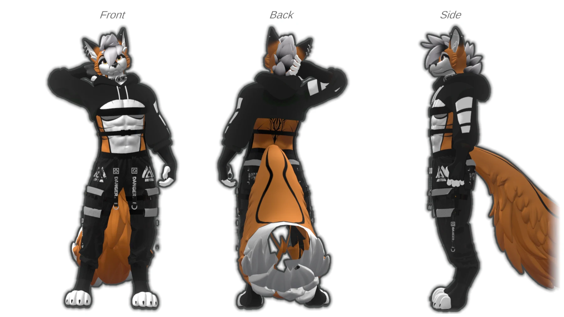 Reference sheet showing the front, back and side of Lixay's VRChat fox model.