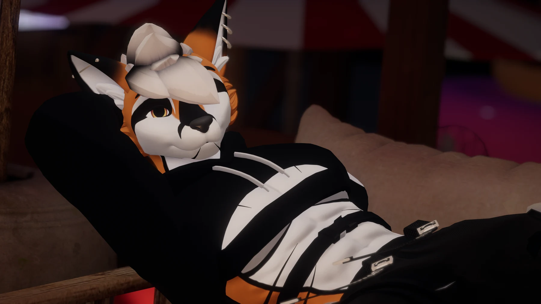 Lixay's fox avatar relaxing in a warmly lit VRChat world.